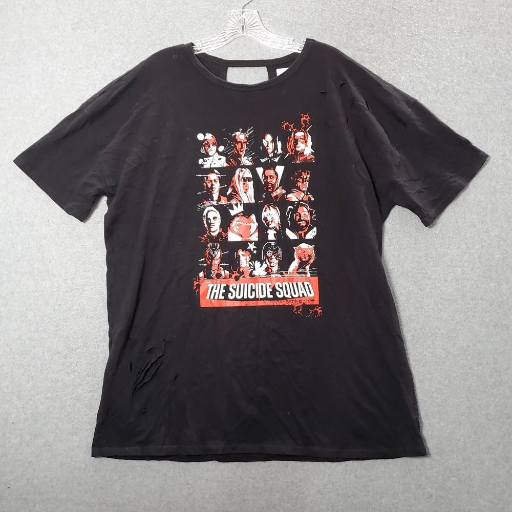 Suicide Squad Women Top Large Black Distressed Oversized Shirt Logo DC‎ Comics